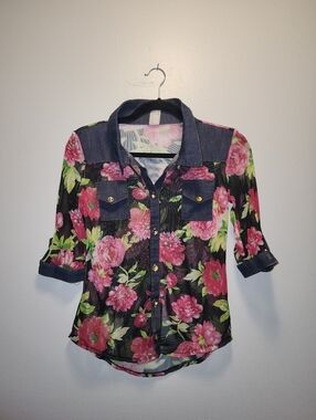 Vintage Womens Button Up Blouse | Sheer | Floral | Denim | 3/4 Sleeve | Small